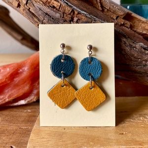 Leather Earrings Dangle Teal and Yellow Lightweight Geometric Push Back